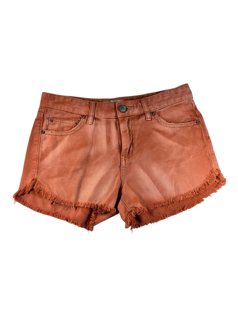 Free People Rust Orange Wash Denim Shorts Fringe Hem Boho Festival Women's 26